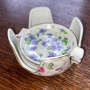 Floral Porcelain Ashtray Set with Gold Trim
